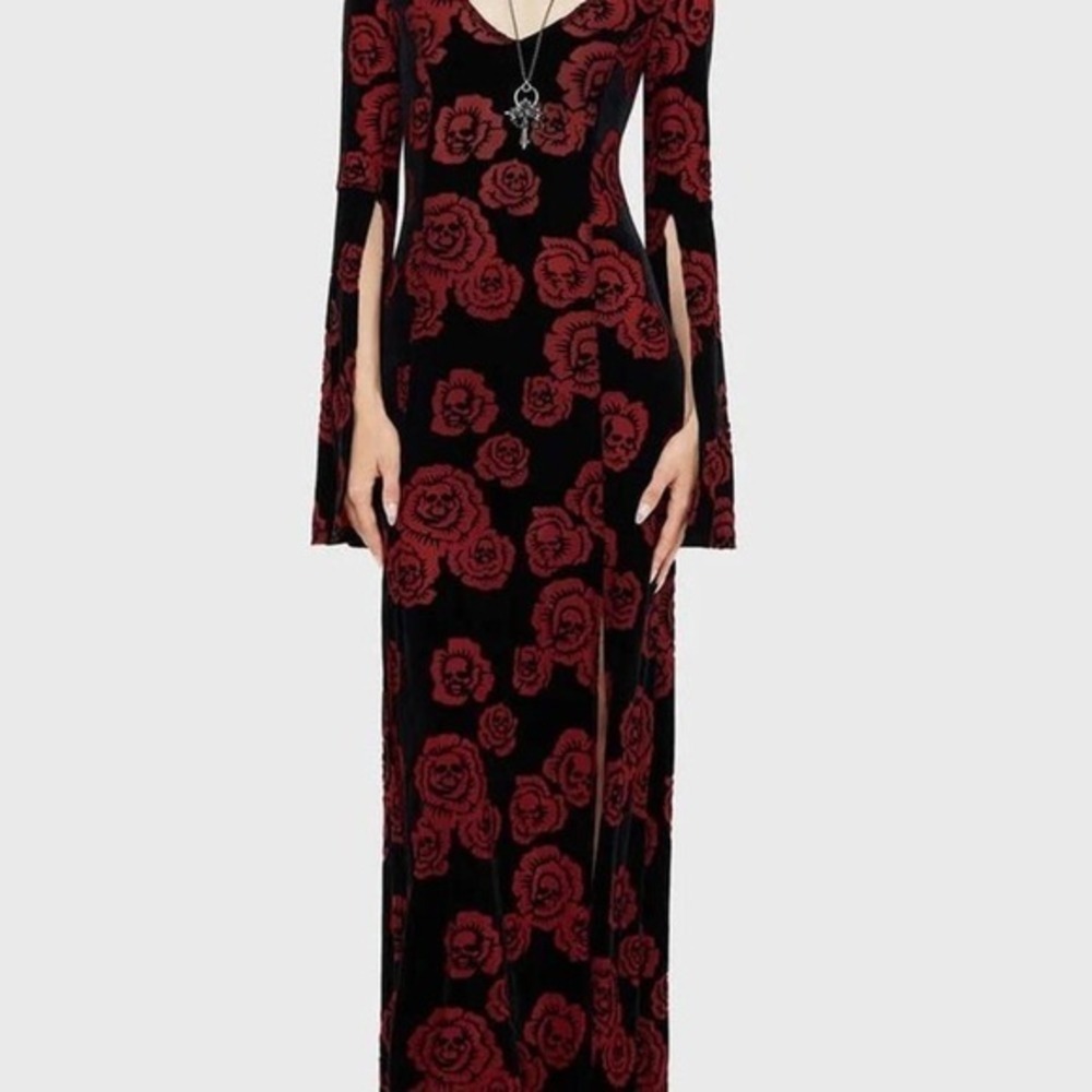 Killstar Pandoras rose maxi dress floral skull print flare sleeve